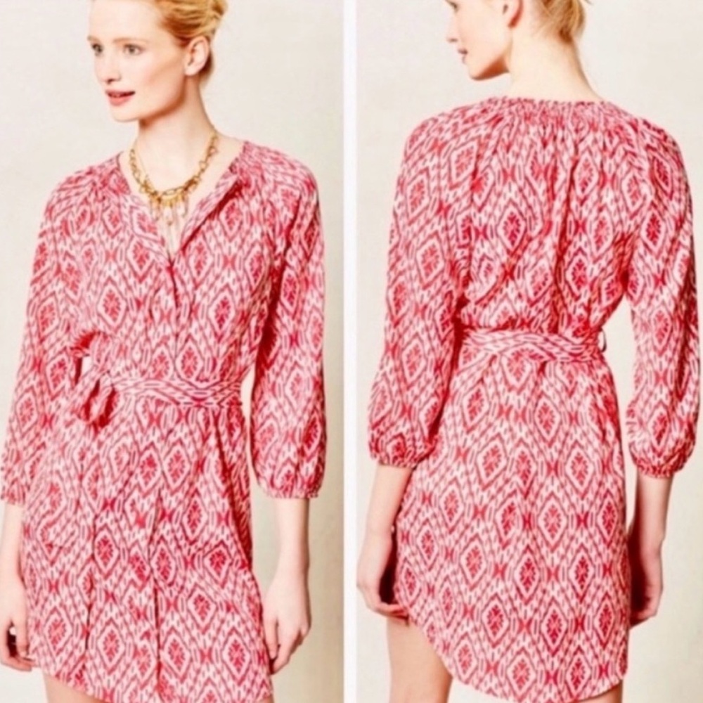 Maeve Anthropologie Red and White Ikat Print Long Sleeve Button Dress